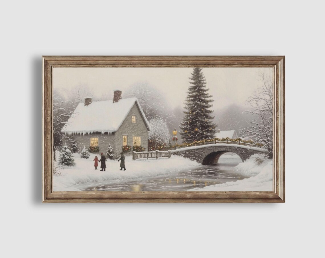 Snowy Cottage Christmas Scene Skaters Bridge Holiday Village Poster - Image 2