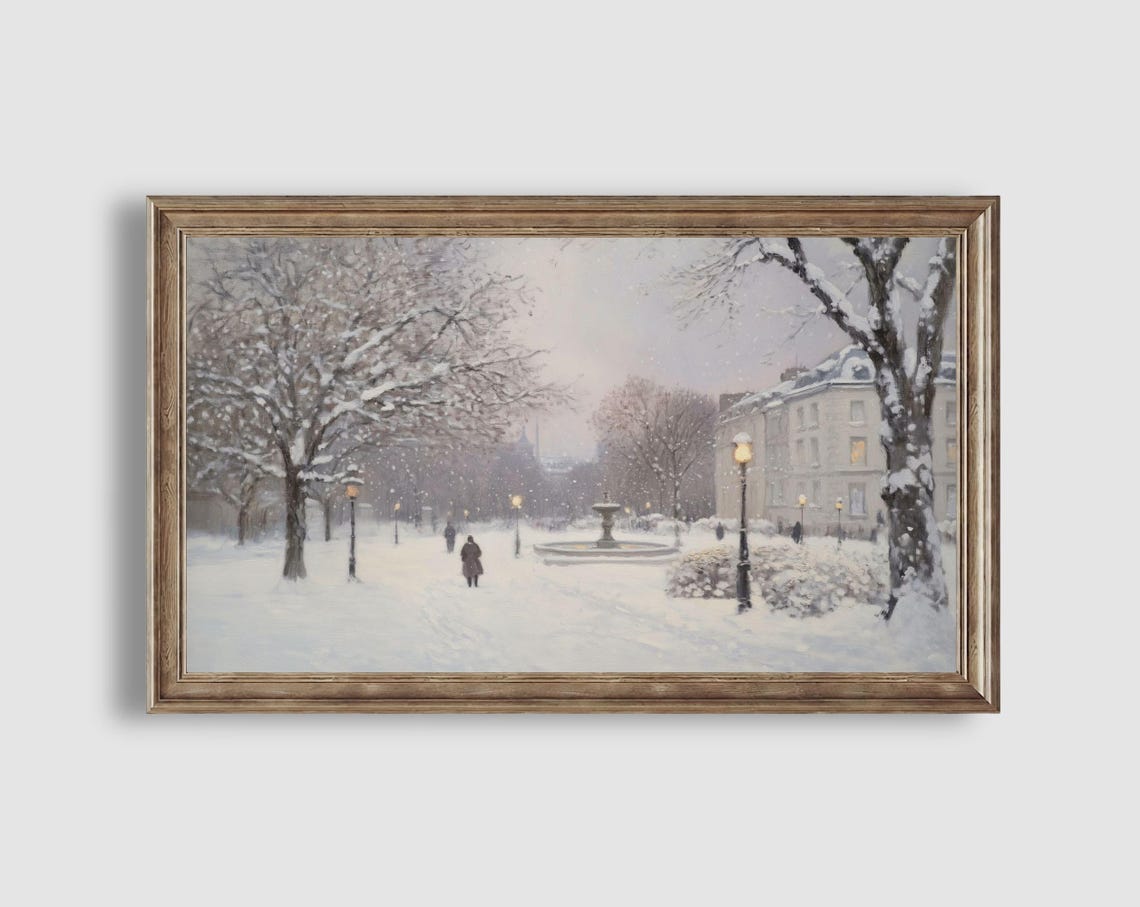 Snowy Park Fountain Lampposts Falling Snow Urban Winter Poster - Image 2