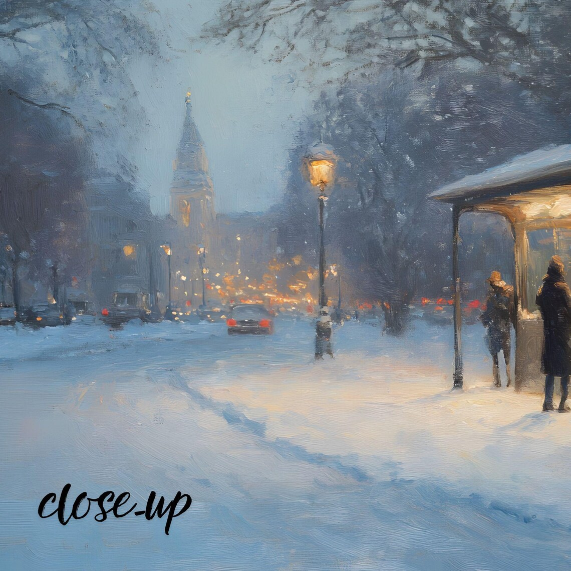 Snowy City Bus Stop Dusk Street Lamps Winter Urban Evening Art Poster - Image 3