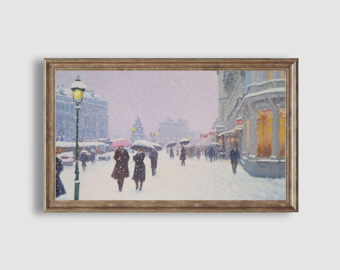 Snowy Paris Boulevard with Umbrellas Cafe and Church Spire Winter Painting Poster - Image 2