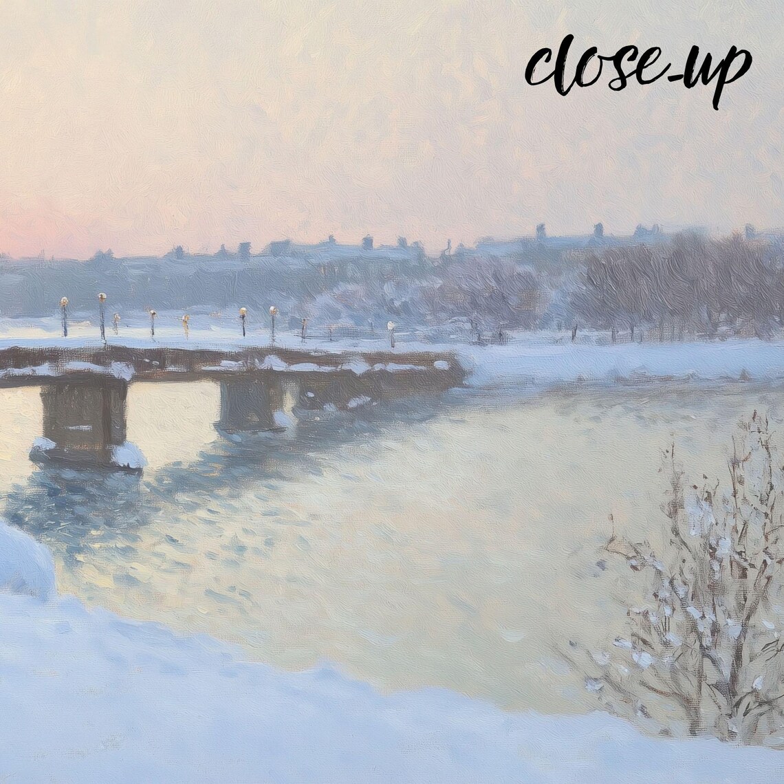 Snowy River Bridge at Pink Dawn with Frosted Trees Winter Painting Poster - Image 3