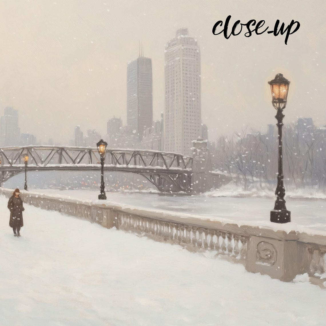 Snowy Bridge Walkway City Skyline Winter Urban Landscape Poster - Image 3