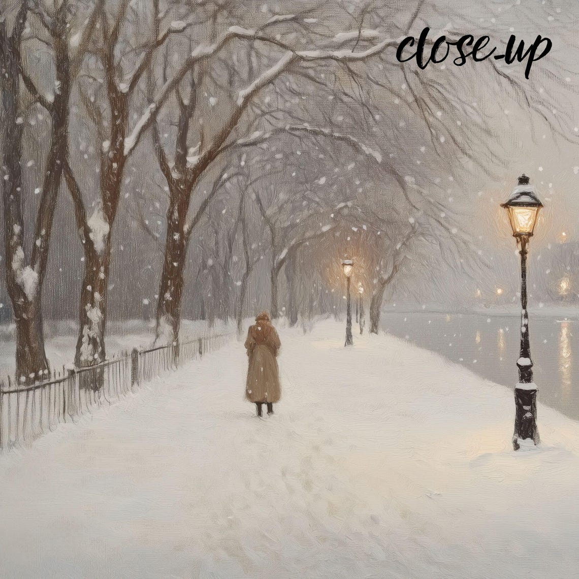 Snowy Riverside Pathway Glowing Lamppost Winter Stroll Scene Poster - Image 4