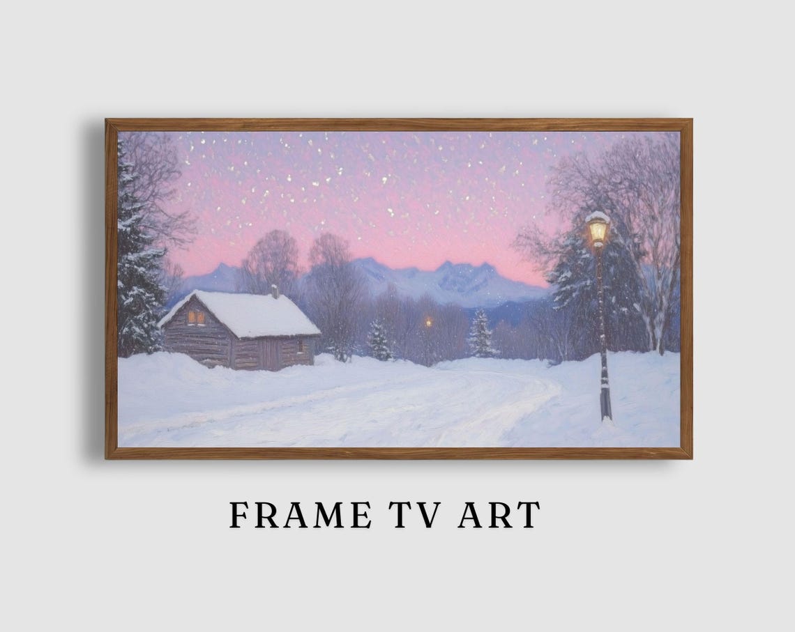 Cozy Winter Cabin Pink Sunset Snowy Mountain Landscape Poster