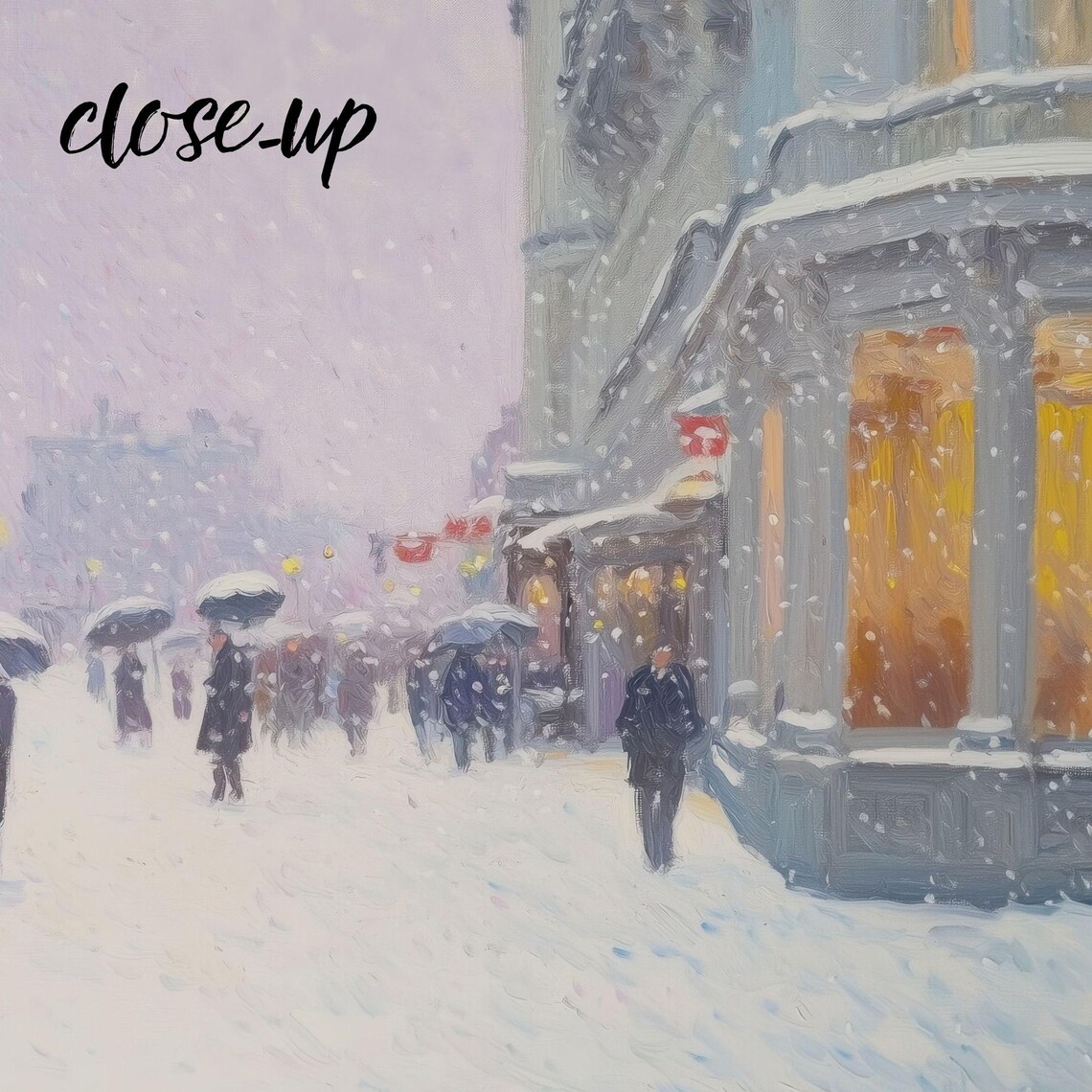 Snowy Paris Boulevard with Umbrellas Cafe and Church Spire Winter Painting Poster - Image 3