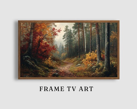 Autumn Forest Trail Pines and Red Maples Misty Woodland Path Art Poster
