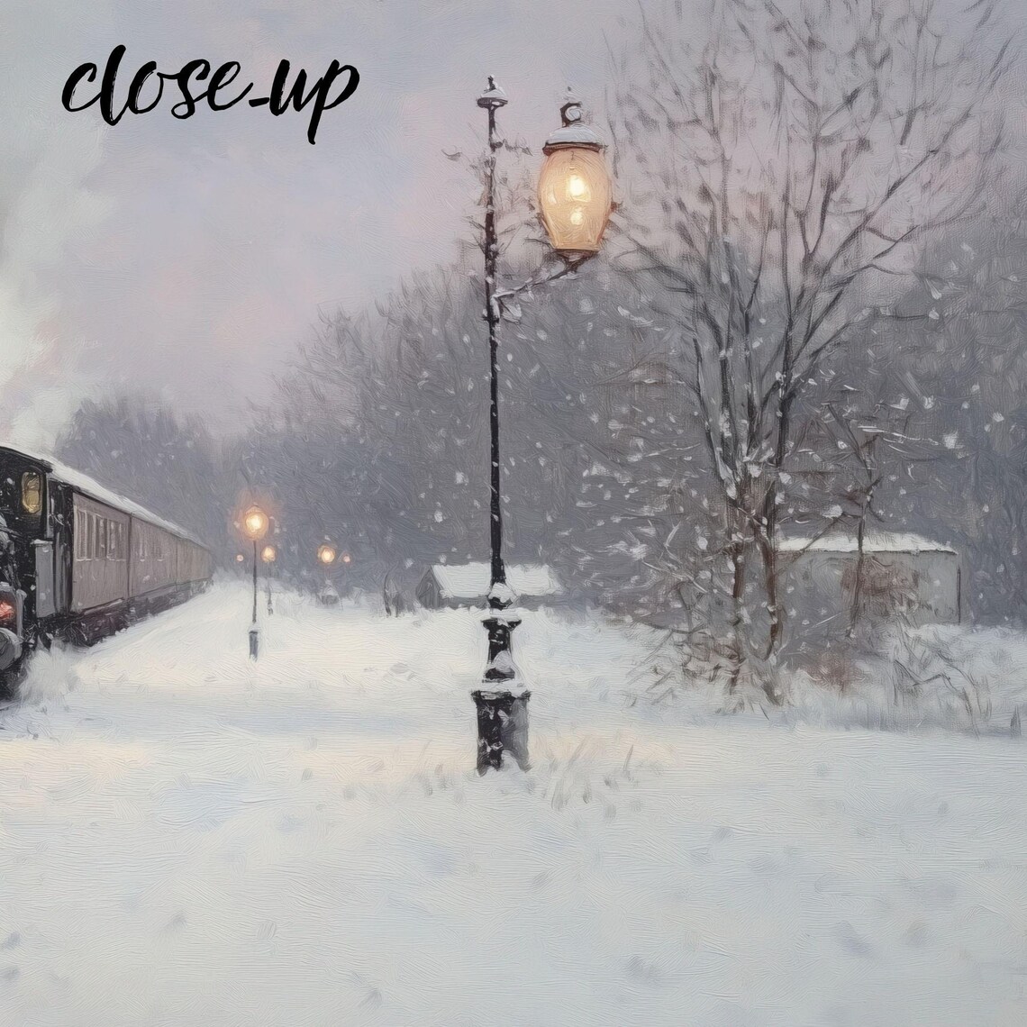 Vintage Steam Train Arriving at a Snowy Evening Station Painting Poster - Image 3