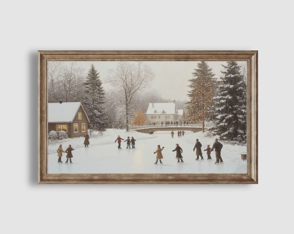 Village Ice Skaters Frozen Pond Lit Trees Winter Village Poster - Image 2