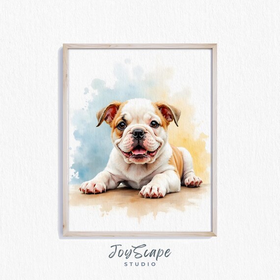 Happy English Bulldog Puppy Watercolor Portrait Cute Nursery Print