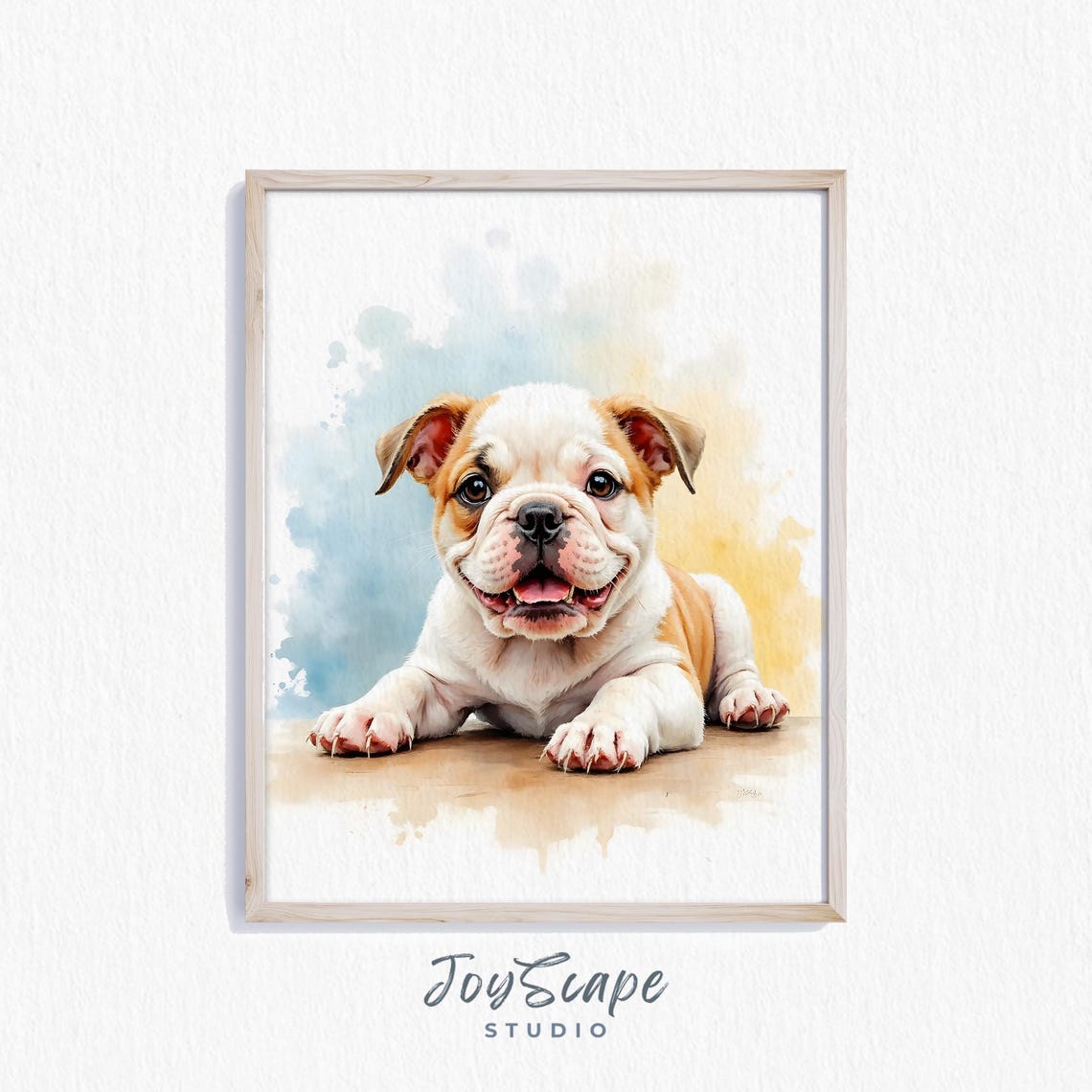 Happy English Bulldog Puppy Watercolor Portrait Cute Nursery Print