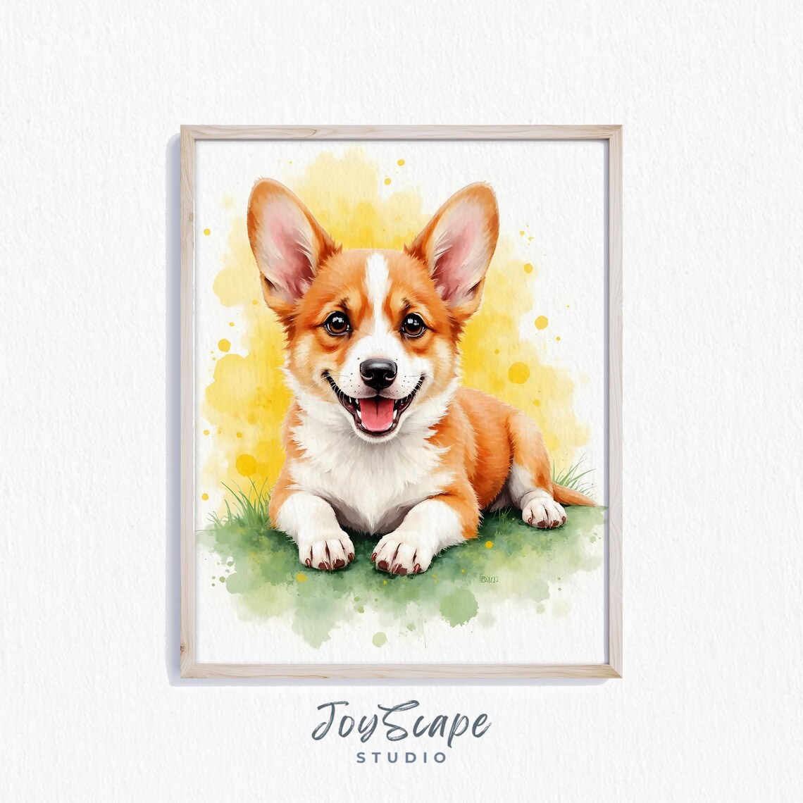 Smiling Pembroke Welsh Corgi Puppy Yellow Watercolor Art Poster