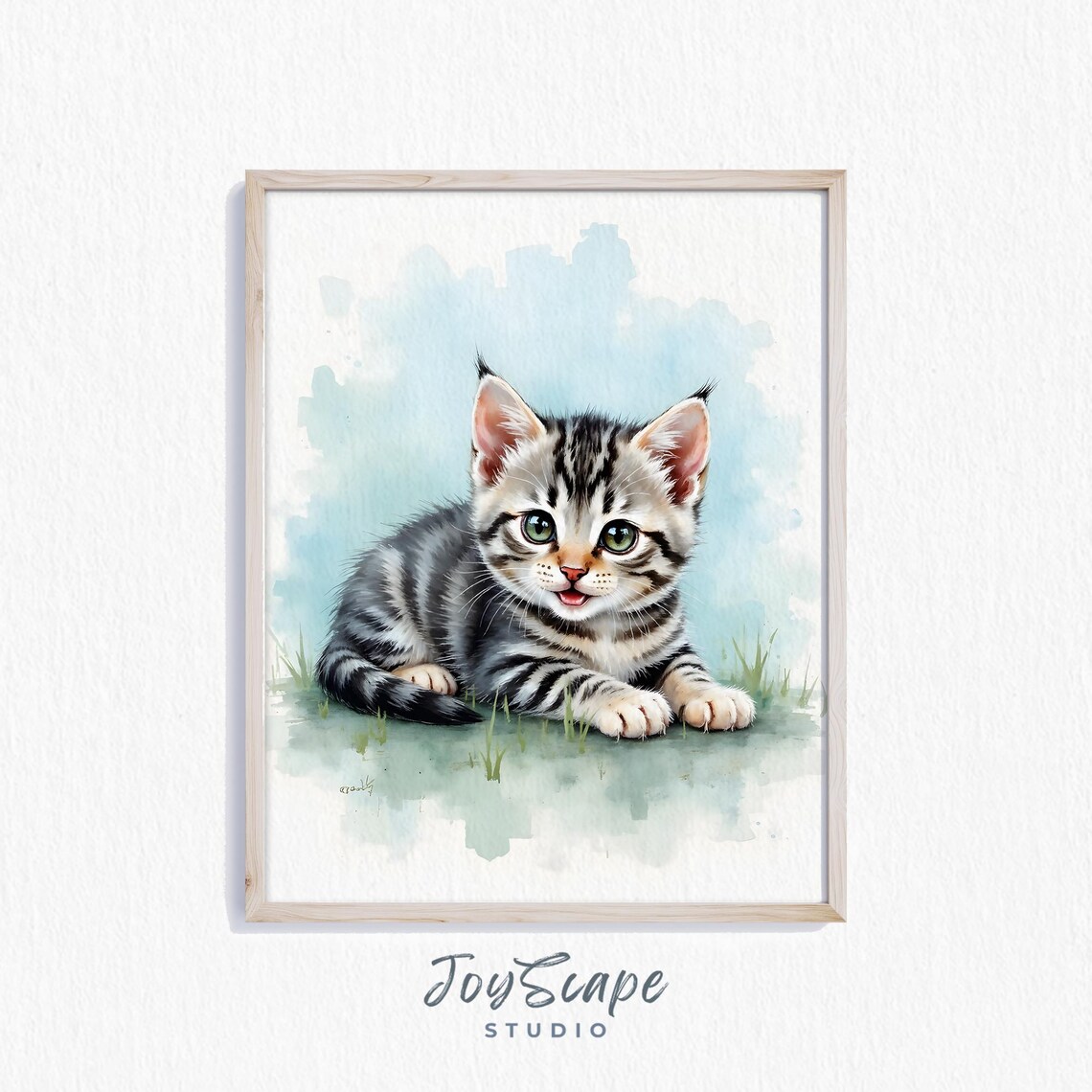 Cute Smiling Watercolor Tabby Kitten with Big Green Eyes Poster