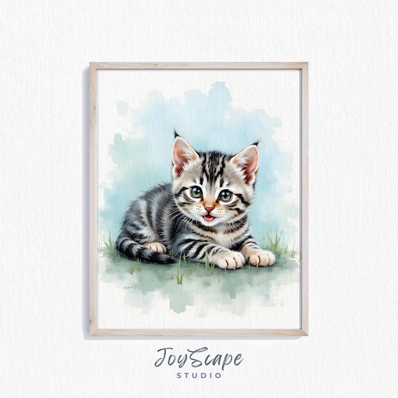 Cute Smiling Watercolor Tabby Kitten with Big Green Eyes Poster