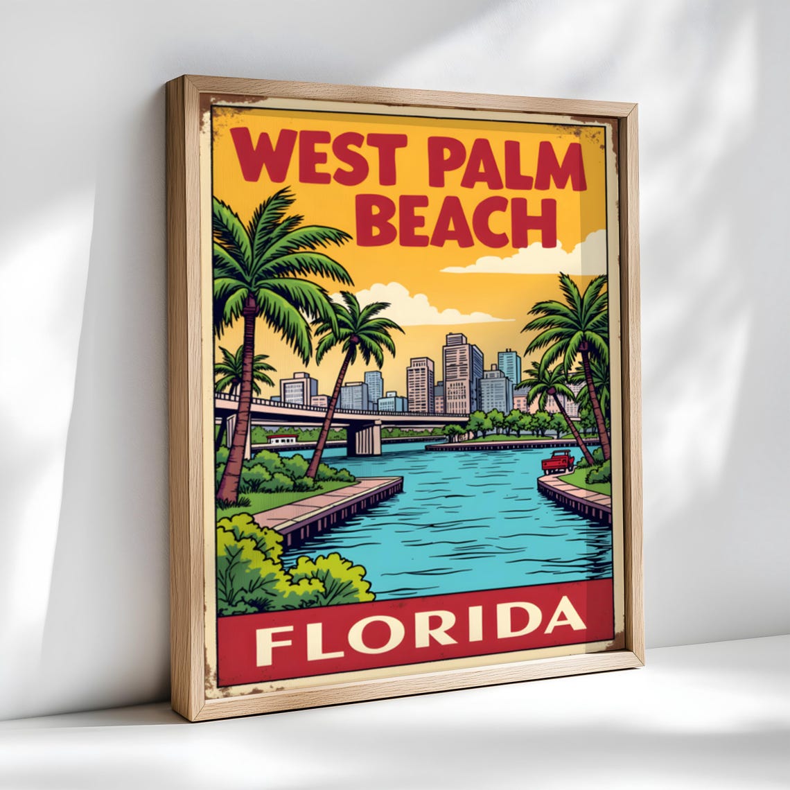West Palm Beach Florida Palms Skyline Bridge Retro Travel Poster