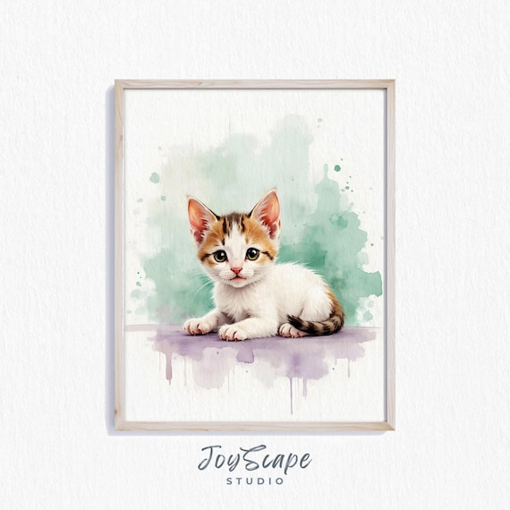 Silver Tabby Oriental Kitten Watercolor Cute Pet Portrait Nursery Art Poster