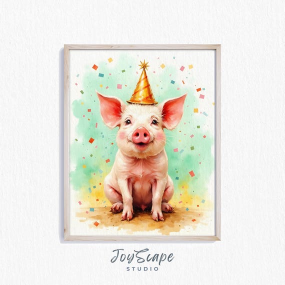 Funny Pig Watercolor Print Playful Farm Animal Wall Art Party Hat Decor Nursery Room Kids Instant 566