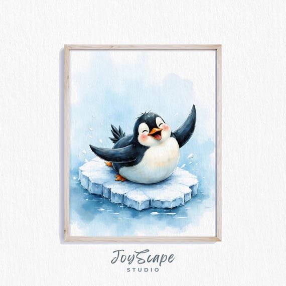 Funny Penguin Watercolor Print Playful Art Wall Decor Kids Room Animal Nursery Ocean Scene Instant 675