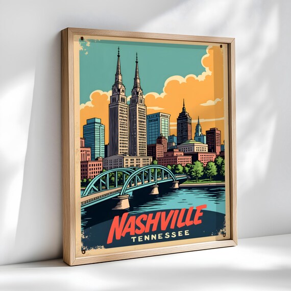 Nashville Tennessee Skyline With River Bridge Retro Travel Poster