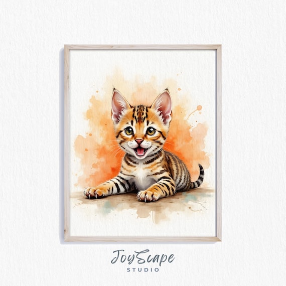 Bengal Kitten Wall Art Adorable Cat Painting Rustic Home Decor Pet Lovers Gift Cute Animal Portrait Print