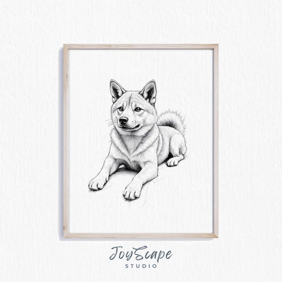 Shiba Inu Sketch Art Vintage Dog Illustration Rustic Pet Decor Black And White Animal Print Artwork