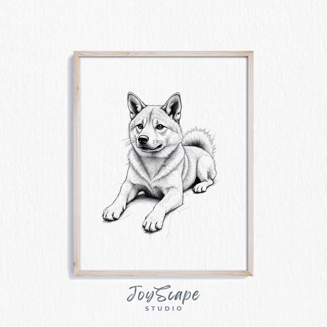 Shiba Inu Black and White Sketch Lying Down Cute Dog Art Poster