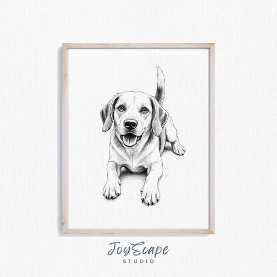 Beagle Dog Art Charming Pet Portrait Rustic Wall Decor Black And White Line Drawing Animal Lover Gift Illustration