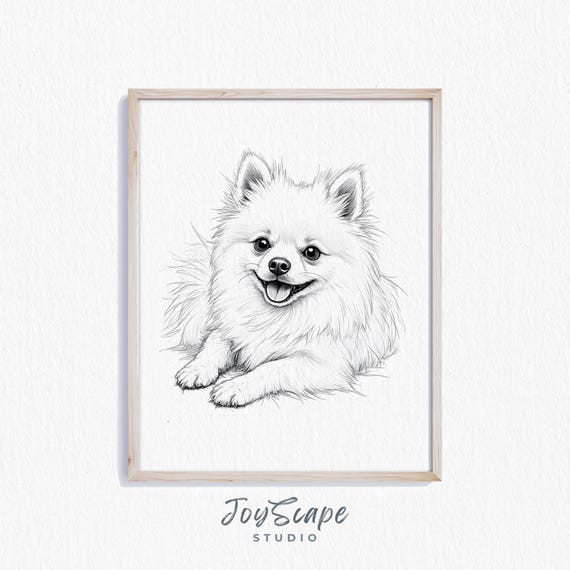 Pomeranian Dog Portrait Art Print Cute Black And White Sketch Charming Pet Drawing Lovers Wall Decor Artwork