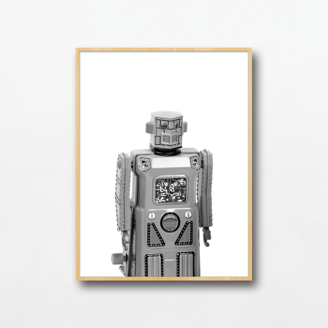 Silver Retro Tin Robot Toy Black White Photo Kids Room Poster - Image 2