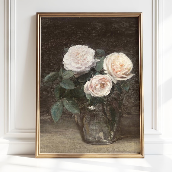 Classic White Roses in Glass Vase Romantic Still Life Art Poster
