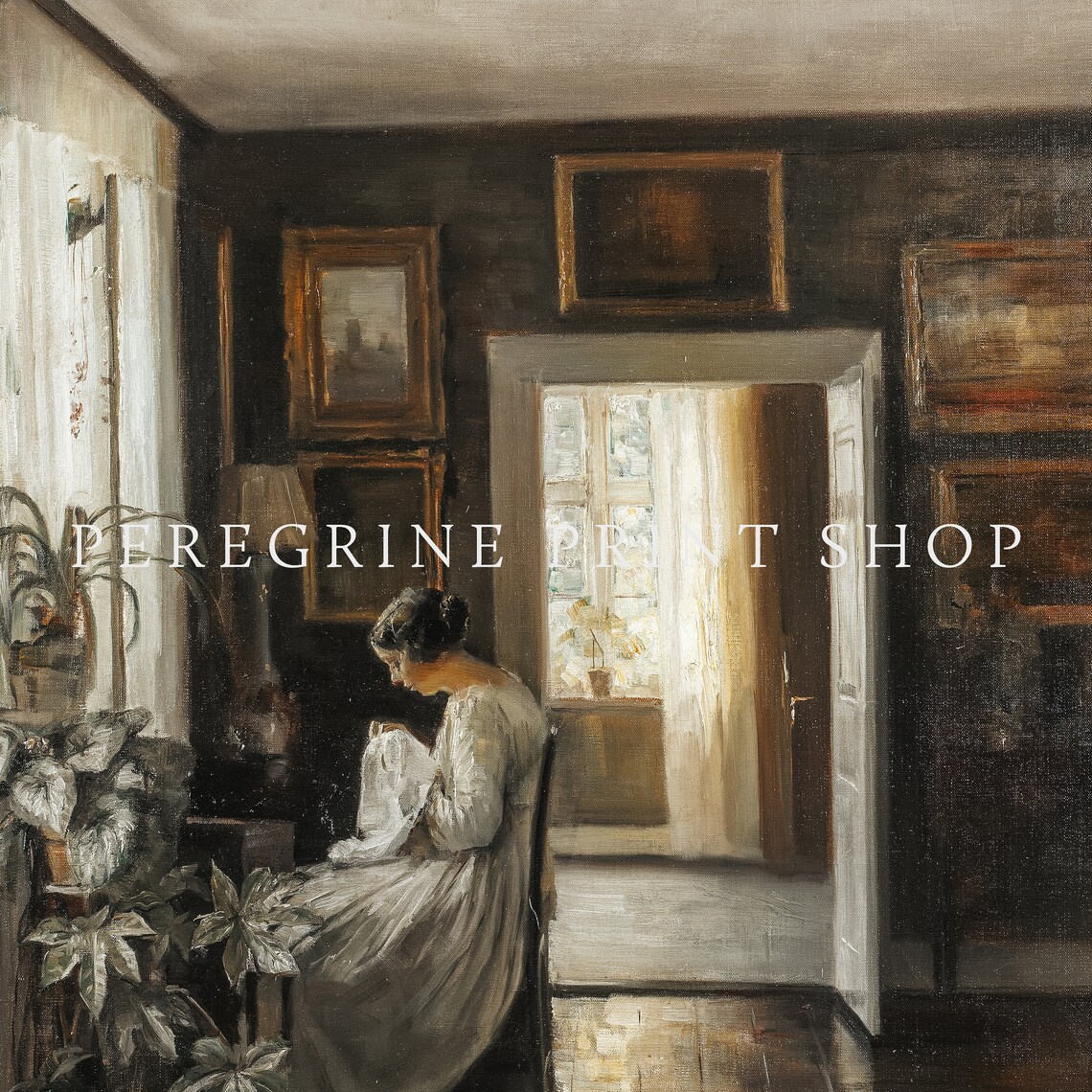 Embroidering By The Window, Vintage Cottage Style Art Print - Image 2