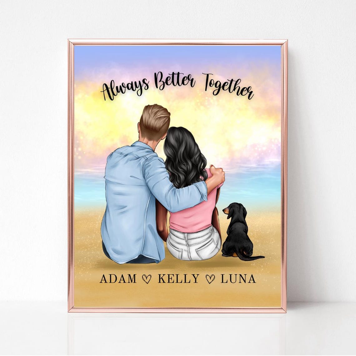 Always Better Together Couple with Dog Beach Sunset Portrait Poster