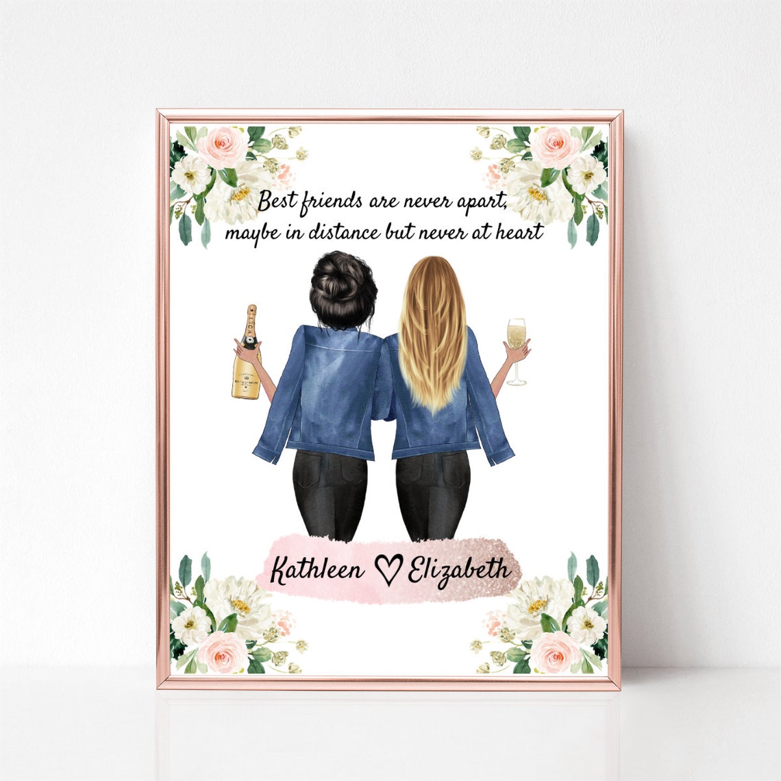 Best Friends in Denim Jackets Champagne Toast Custom Name Poster
