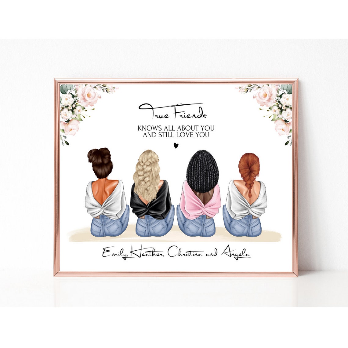 Four True Friends With Floral Corners Quote Illustration Poster - Image 3