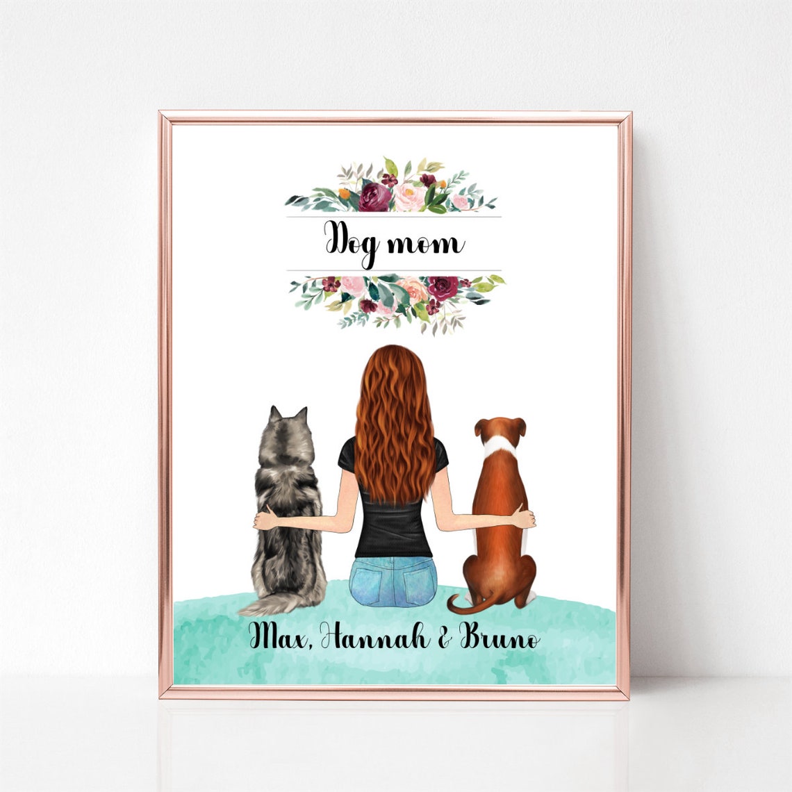 Dog Mom With Two Dogs Custom Portrait Floral Personalized Gift Poster