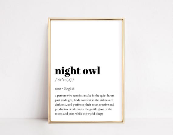 Night Owl Definition, Minimalist Office Art Print