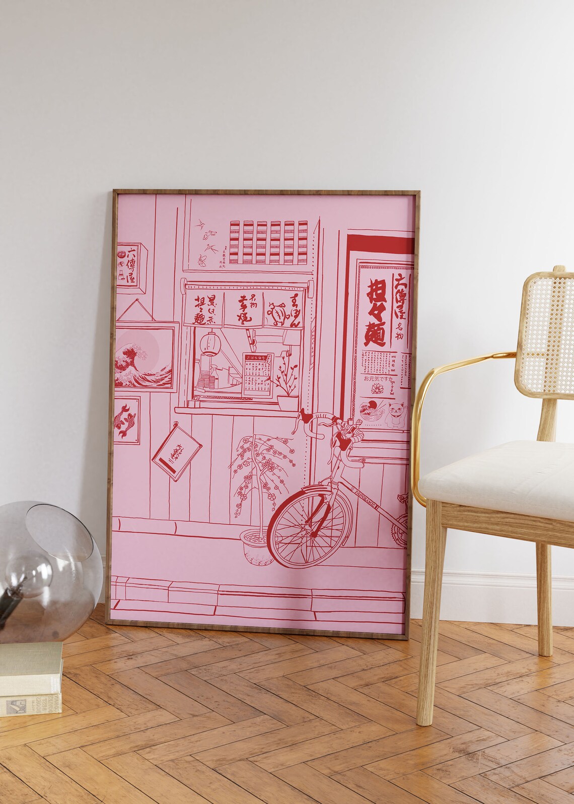 Traditional Japanese Shopfront Red Line Art Street Scene Poster - Image 3