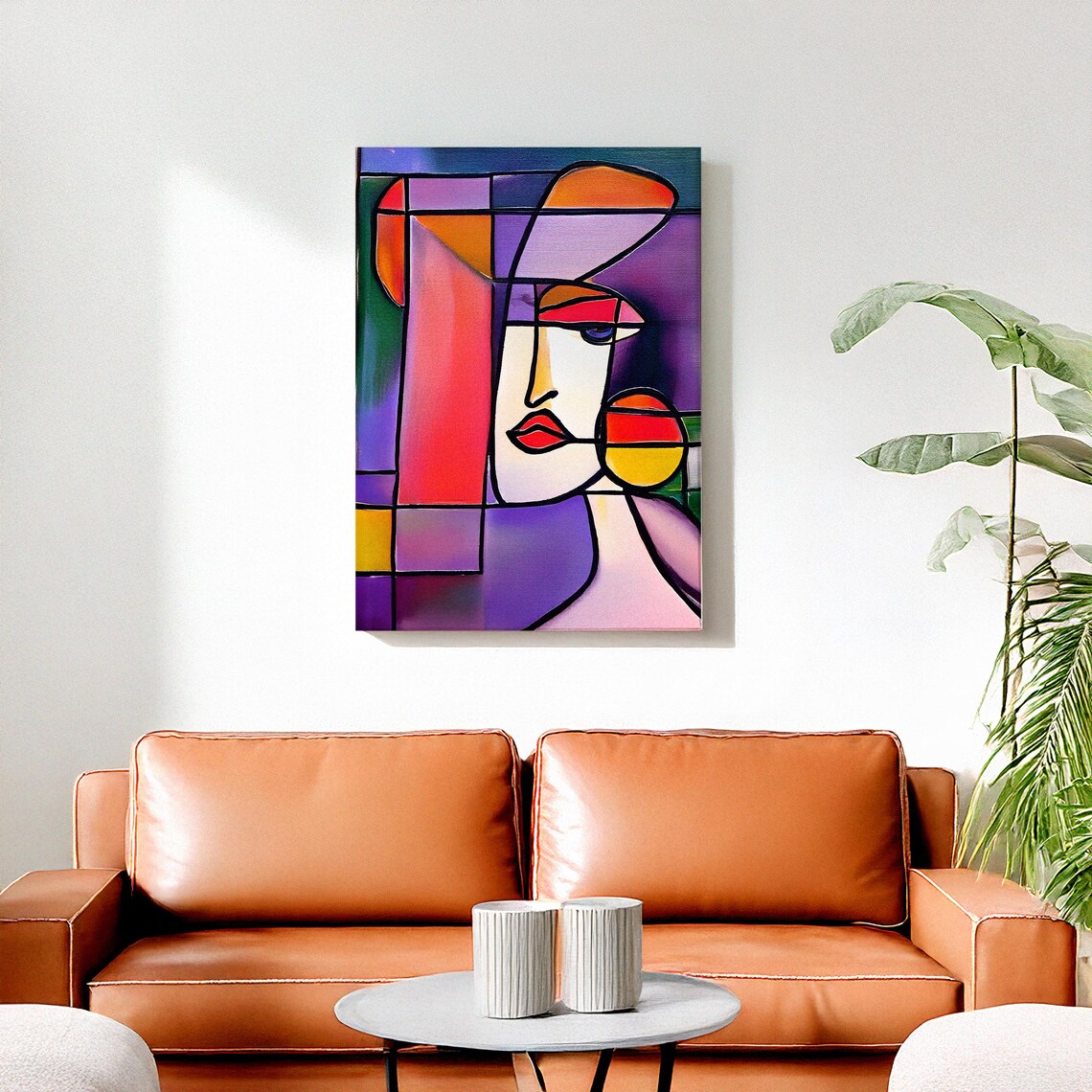 Colorful Cubist Female Portrait with Red Lips and Round Earring Poster - Image 3