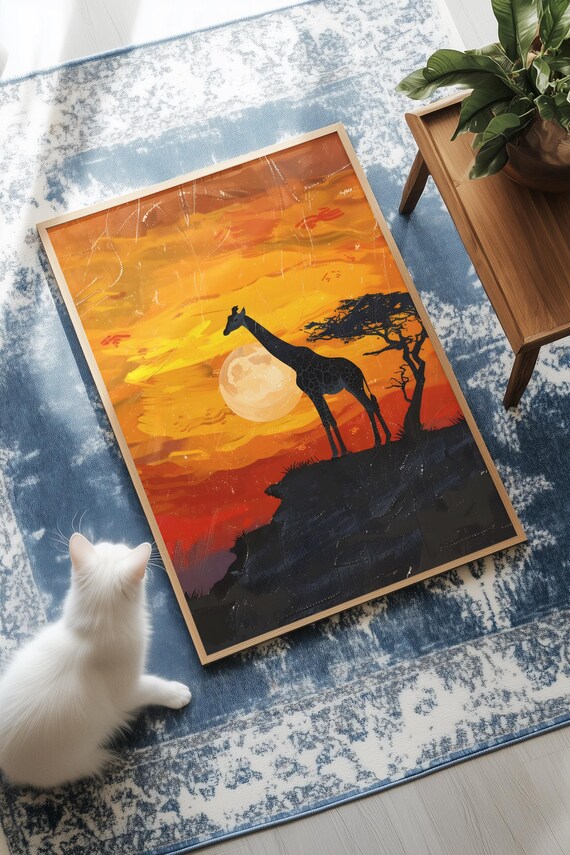 Giraffe Against Sunset Savannah Silhouette Quirky Wall Art