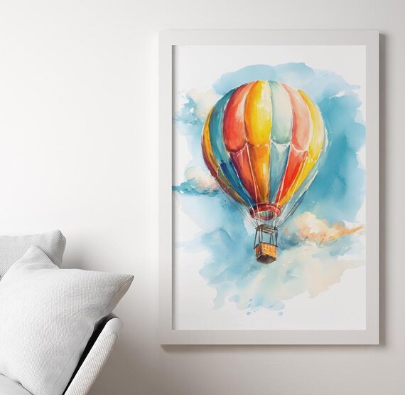 Colorful Hot Air Balloon Watercolor in Pastel Clouds Kids Wall Art
