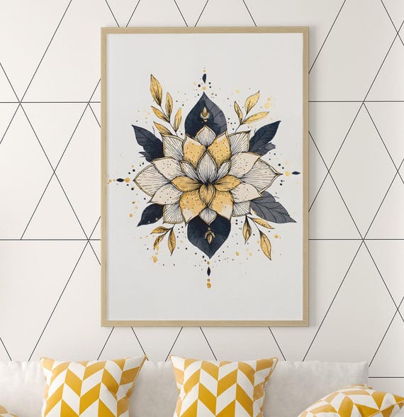 Mandala Line Art Black Gold Spiritual Boho Wall