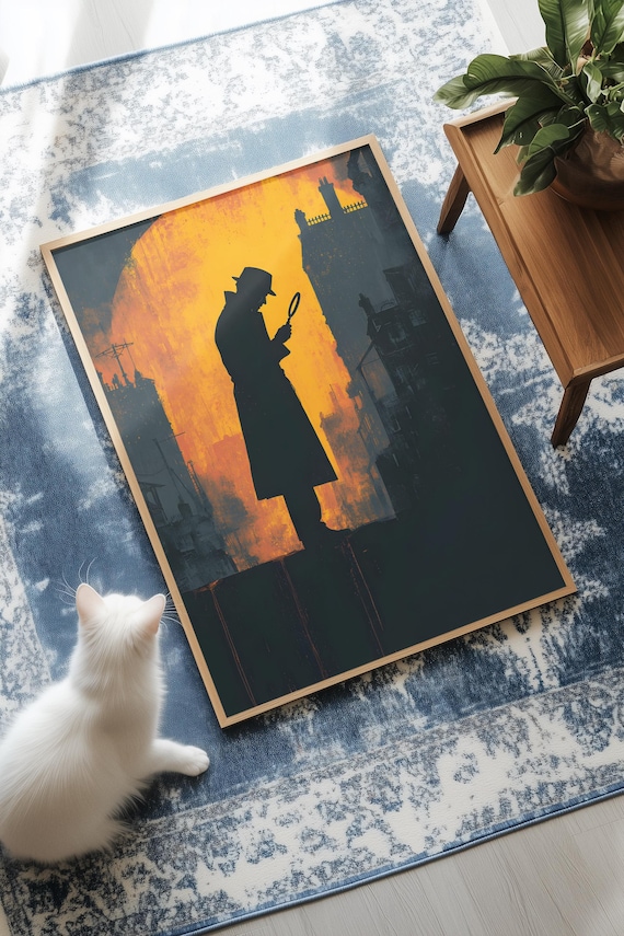 Detective Noir Silhouette Magnifying Glass Urban Sunset Poster