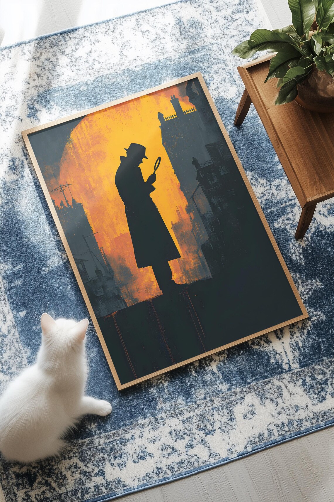 Detective Noir Silhouette Magnifying Glass Urban Sunset Poster