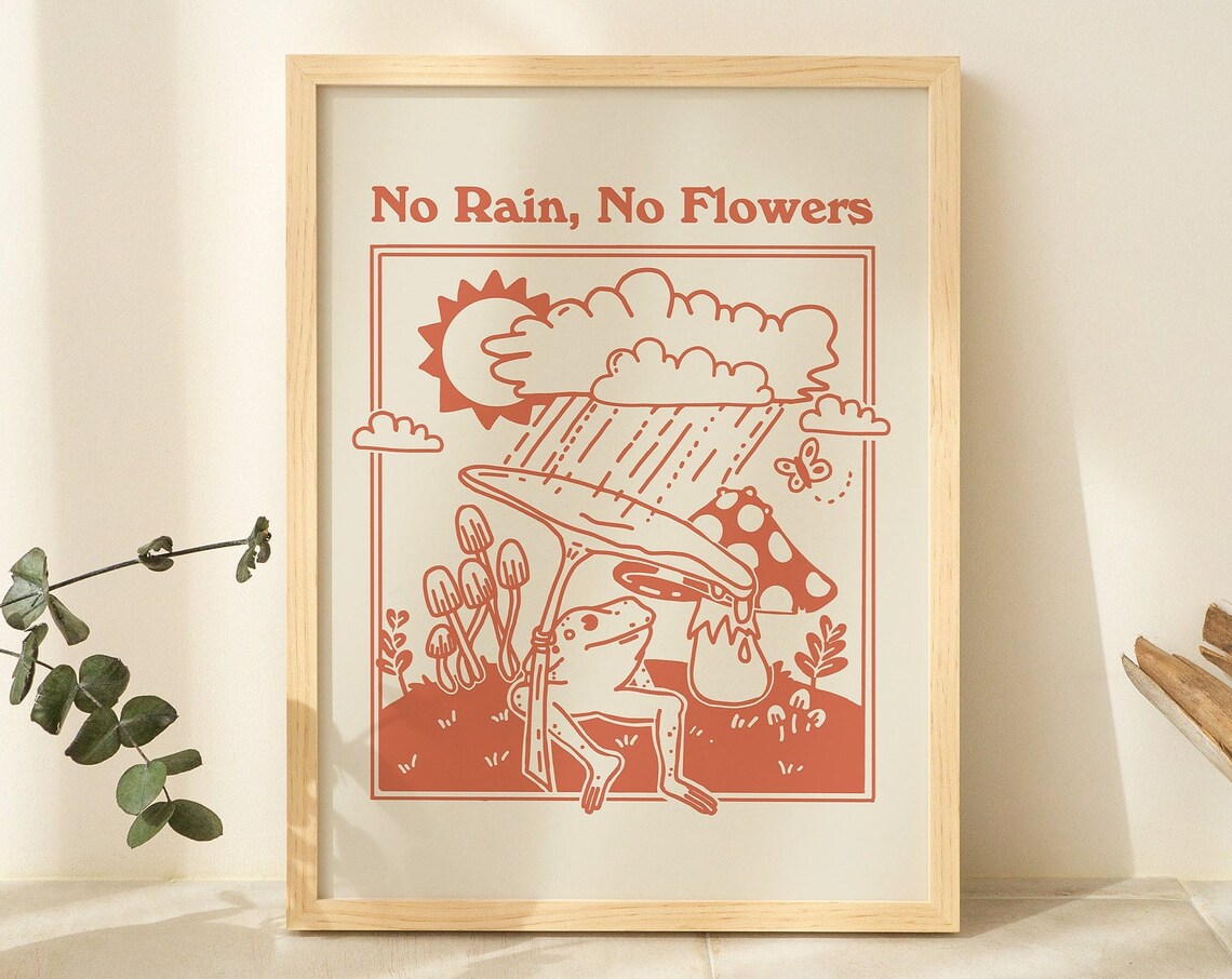 No Rain No Flowers Retro Frog Umbrella Quote Line Art Poster