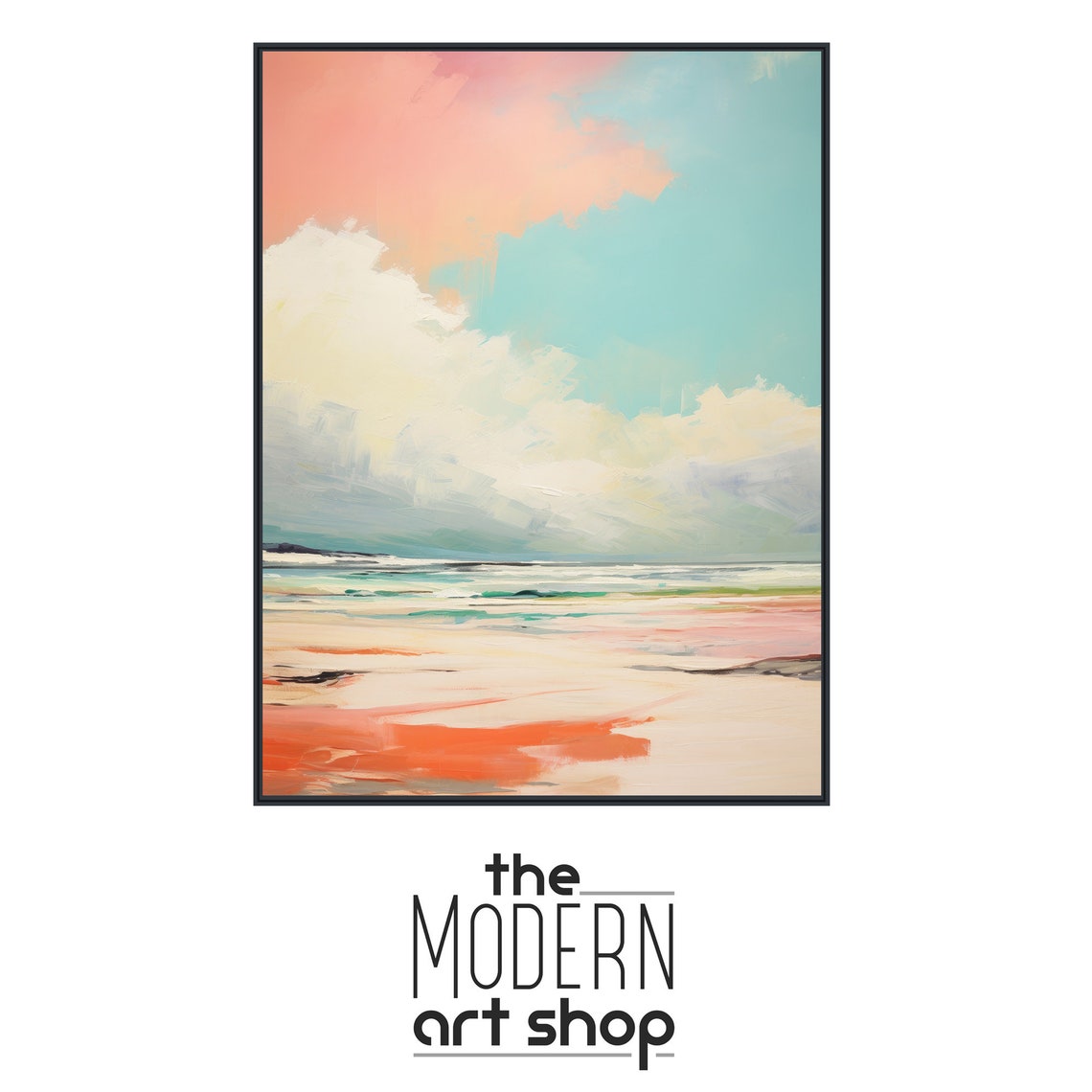 Dreamy Warm Peach Coral Abstract Beach With Teal Sky Modern Poster - Image 4