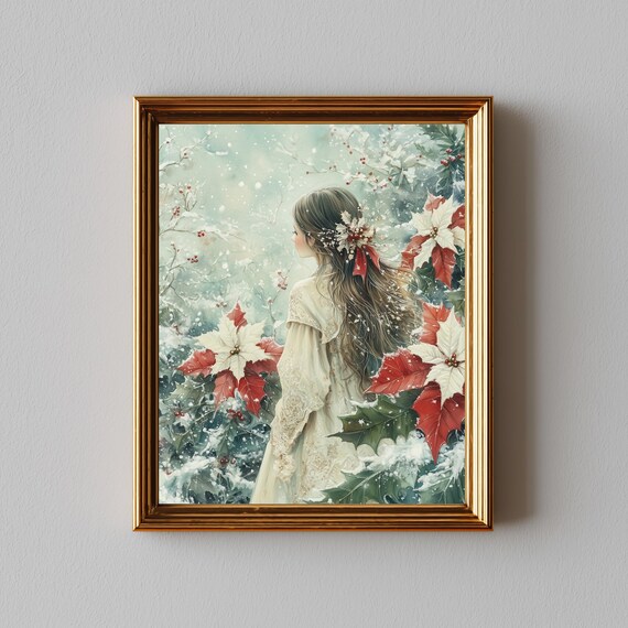 Girl in Snowy Poinsettia Garden Christmas Watercolor Art Poster