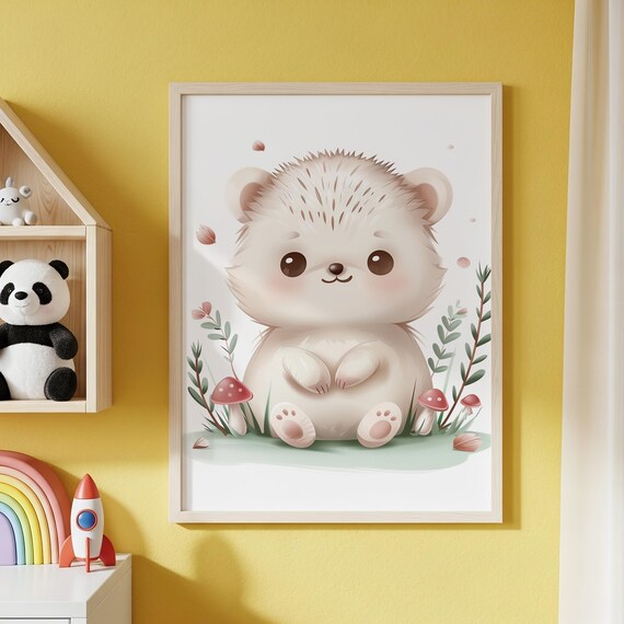 Adorable Baby Hedgehog with Mushrooms Nursery Watercolor Poster