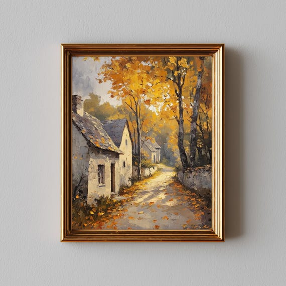 Rustic Autumn Countryside Road Painting Vintage European Scene Cottage Trees Art Wall Decor Fall Landscape Print 105