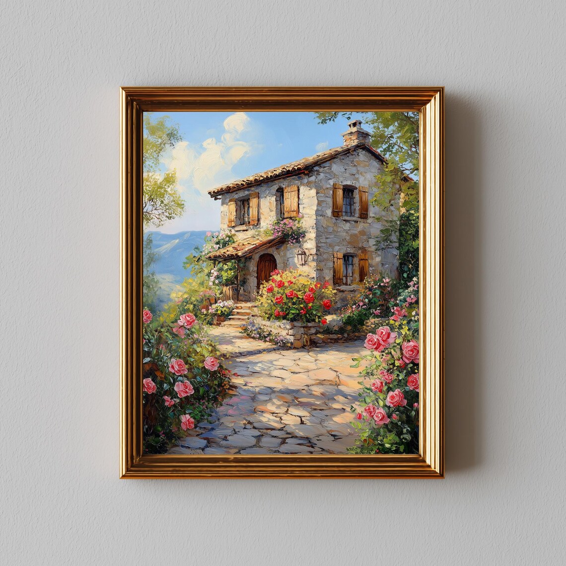 Stone Cottage With Rose Garden Sunlit Pathway Mediterranean Garden Poster