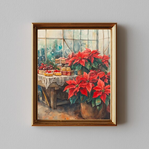 Rustic Christmas Tea Party, Vintage Watercolor Art Print