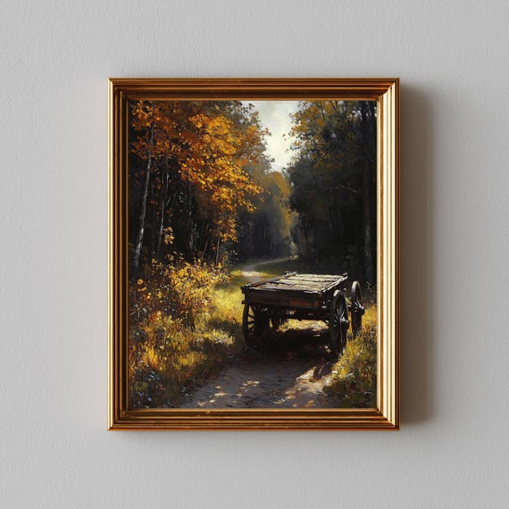 Rustic Autumn Landscape With Abandoned Wagon Fall Scene Vintage Country Path In Forest Wall Art Decor 221
